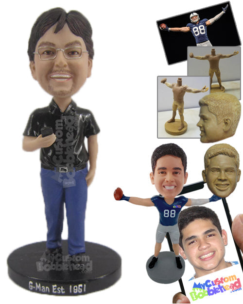 Happy Dude in Trendy Attire with Mobile in His Hand Personalized Bobblehead