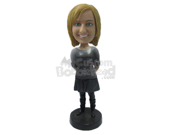 Smart and Bold Woman Standing Upright with Trendy Boots and Hands Clenched Personalized Bobblehead