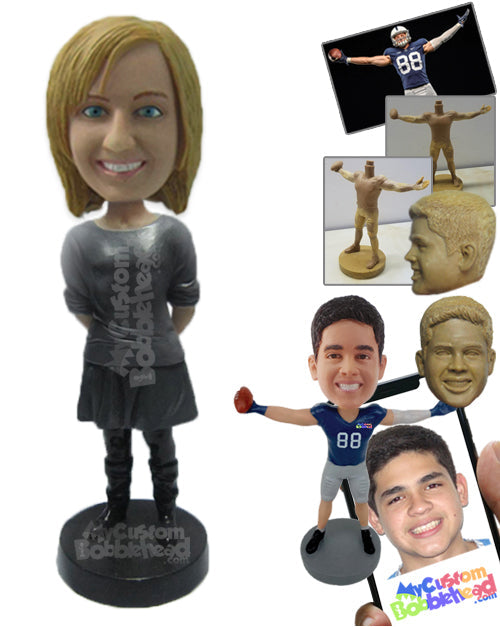 Smart and Bold Woman Standing Upright with Trendy Boots and Hands Clenched Personalized Bobblehead