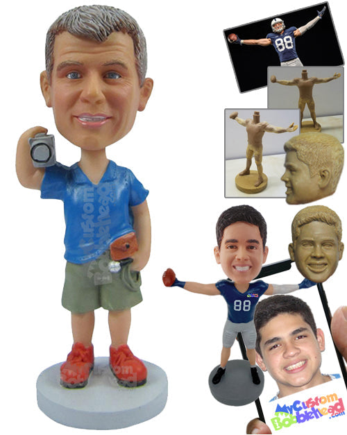 Stylish Man in Casual Attire Holding Camera and Mic Personalized Bobblehead