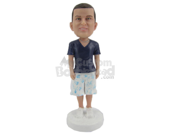 Custom Bobblehead Funky Dude In Printed Shorts With Stylish Locket - Leisure & Casual Casual Males Personalized Bobblehead & Cake Topper