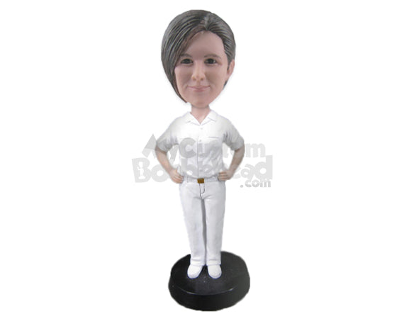 Lovely Lady Dazzling with Monotone Attire and Hands on Her Waist Personalized Bobblehead