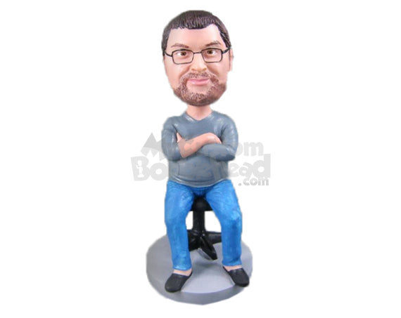 Custom Bobblehead Smart Male Sitting On Chair With Folded Hands - Leisure & Casual Casual Males Personalized Bobblehead & Cake Topper