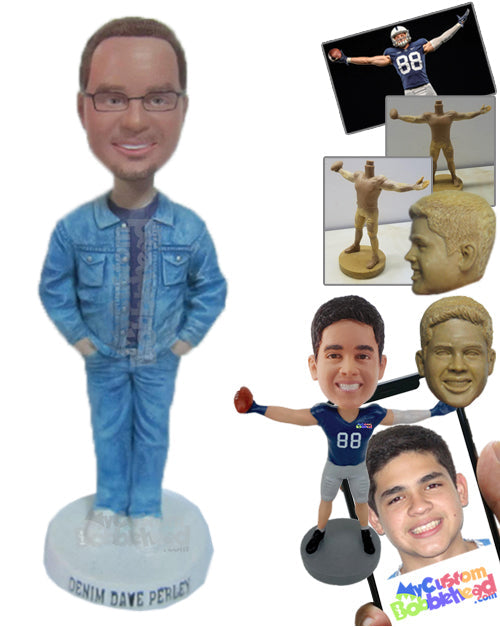 Stylish Dude in All Denim Attire with Hands in Pockets Personalized Bobblehead