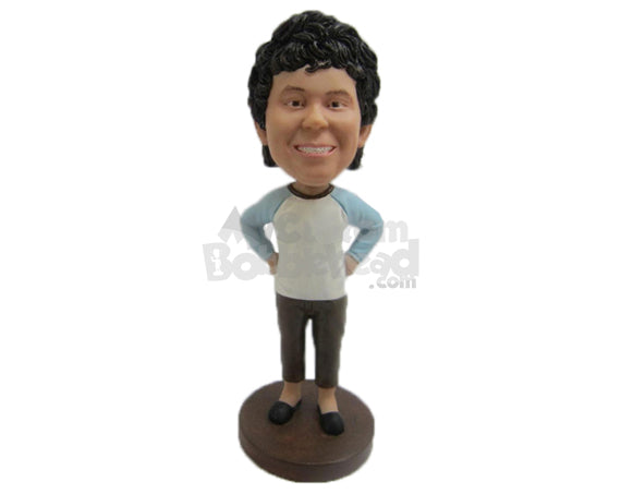 Custom Bobblehead Cool Guy In Comfortable Daily Clothes With Hands On His Waist - Leisure & Casual Casual Males Personalized Bobblehead & Cake Topper