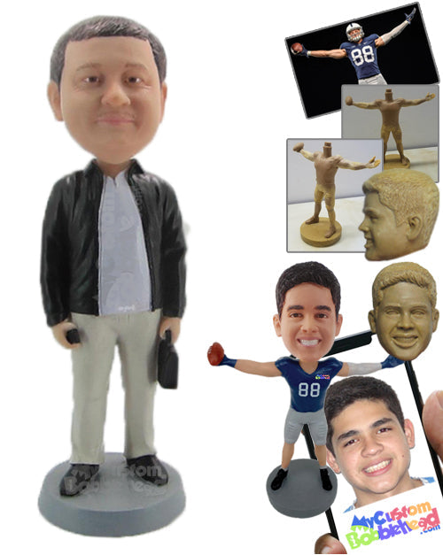 Handsome Gentleman in Jacket with Bag and Mobile in Hand Personalized Bobblehead