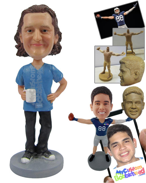 Happy Male Holding a Cup with One Hand on Waist Personalized Bobblehead