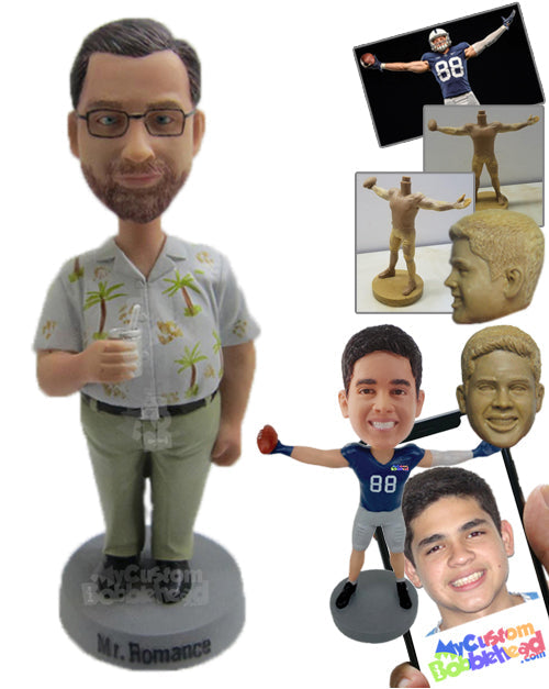 Neat Man in Trendy Vacation Shirt with a Can in Hand Personalized Bobblehead