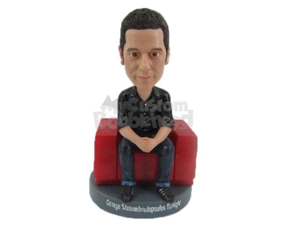 Custom Bobblehead Handsome Male Sittin Gon A Sofa With Hands Joined - Leisure & Casual Casual Males Personalized Bobblehead & Cake Topper