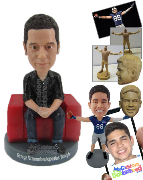 Handsome Male Sitting on a Sofa with Hands Joined Personalized Bobblehead