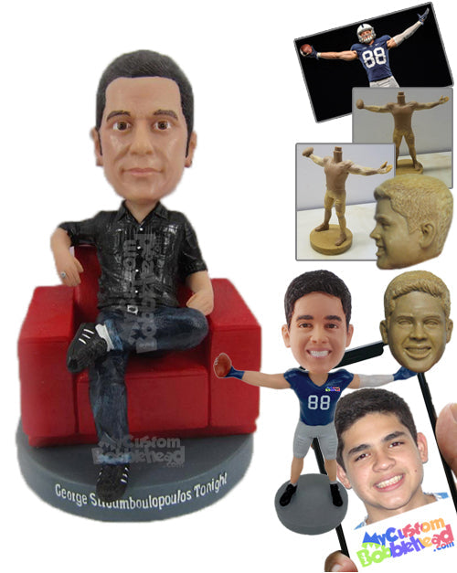 Neat Man Striking a Dashing Pose on Sofa with One Leg on Another Personalized Bobblehead