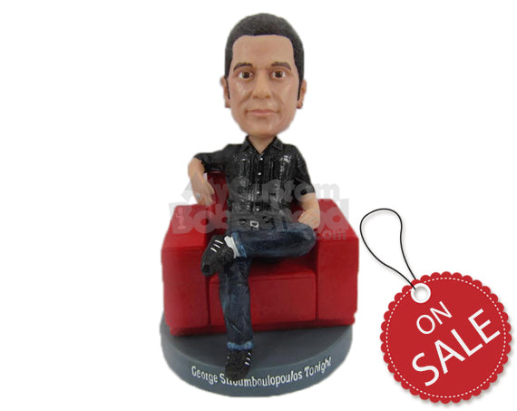 Custom Bobblehead Neat Man Striking A Dashing Pose On Sofa With One Leg On Another - Leisure & Casual Casual Males Personalized Bobblehead & Cake Topper