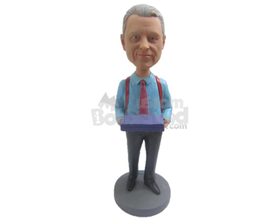 Custom Bobblehead Handsome Man In Formals In Suspenders With Box In Hand - Leisure & Casual Casual Males Personalized Bobblehead & Cake Topper