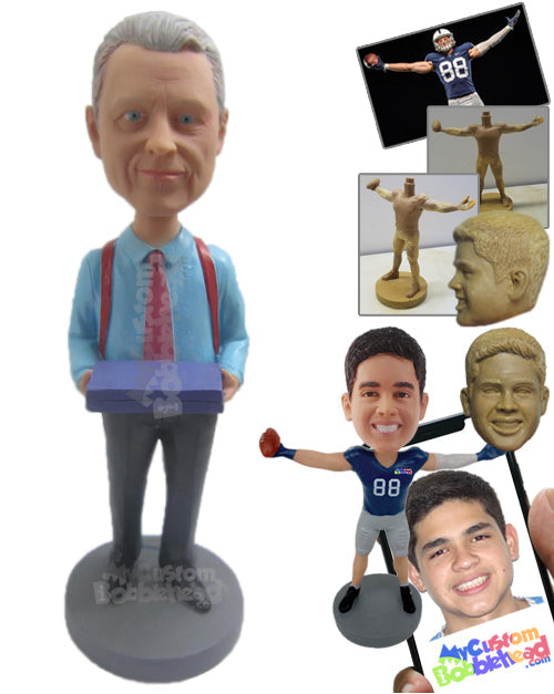 Handsome Man in Formals in Suspenders with Box in Hand Personalized Bobblehead