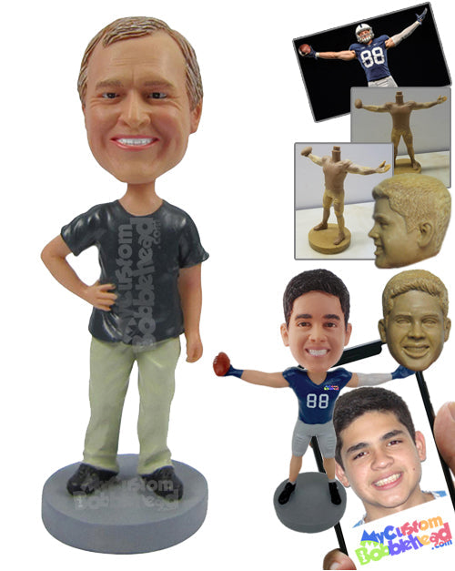 Happy Smiling Man in Casuals Posing with Hand on His Waist Personalized Bobblehead