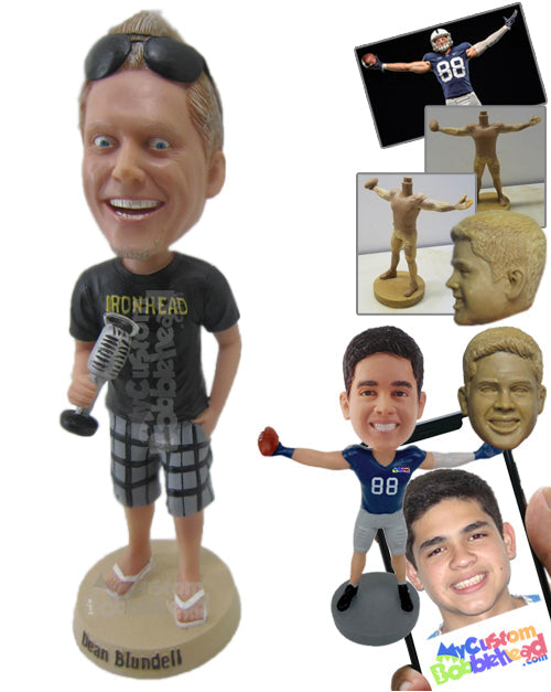 Excited Gentleman in Funky Shorts with a Mic in Hand Personalized Bobblehead