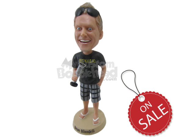 Custom Bobblehead Excited Gentleman In Funky Shorts With A Mic In Hand - Leisure & Casual Casual Males Personalized Bobblehead & Cake Topper