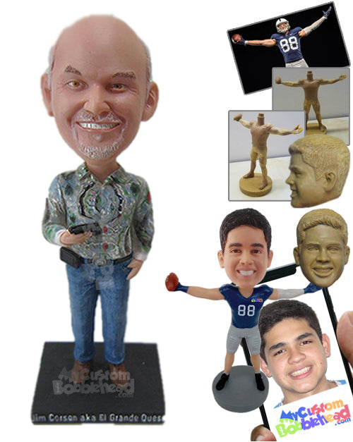 Happy Male in Funky Shirt with Mobile in Hand Personalized Bobblehead