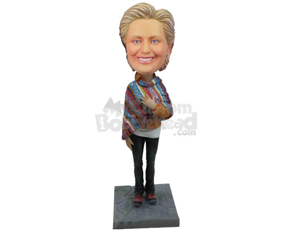 Custom Bobblehead Casual Lady In Poncho - Leisure & Casual Casual Females Personalized Bobblehead & Cake Topper