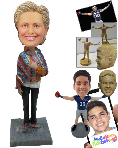 Casual Lady in Poncho Personalized Bobblehead