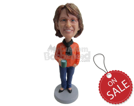 Custom Bobblehead Lovely Lady In Latest Fashion With A Cup In Hand And Scarf Around Her Neck - Leisure & Casual Casual Females Personalized Bobblehead & Cake Topper