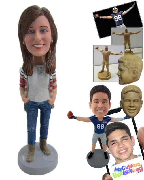 Stylish Beautiful Girl in Boots with Hands in Her Pockets Personalized Bobblehead