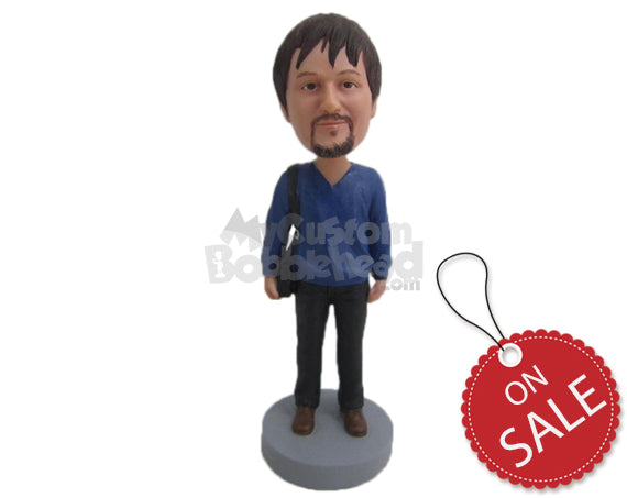 Custom Bobblehead Neat Male With A Side Bag - Leisure & Casual Casual Males Personalized Bobblehead & Cake Topper