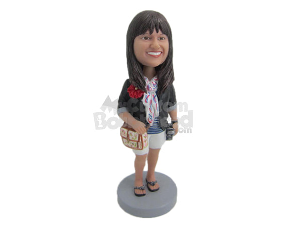 Custom Bobblehead Stylish Lady In Traveler Outfit With Camera, Handbag And A Scarf - Leisure & Casual Casual Females Personalized Bobblehead & Cake Topper