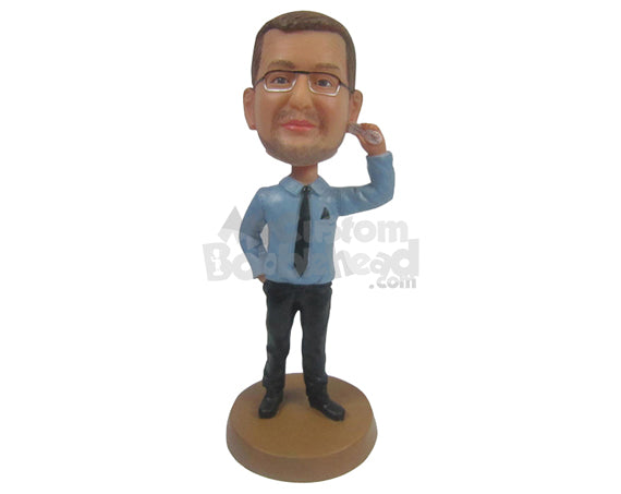 Custom Bobblehead Male Is A Professional Attire With Matching Spectacles And Phone In Hand - Leisure & Casual Casual Males Personalized Bobblehead & Cake Topper