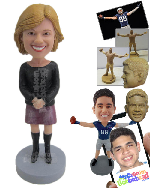 Beautiful Lady in Skirt with Hands Clenched Personalized Bobblehead