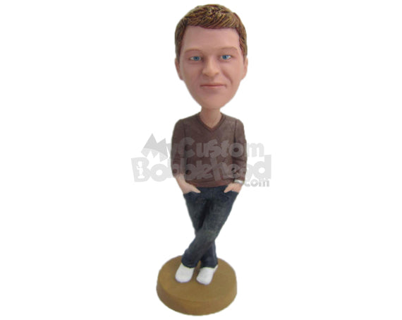 Custom Bobblehead Good Looking Boy Wearing Casual Long-Sleeved T-Shirt And Jeans With Sneaker Posing With His Leg Crossed - Leisure & Casual Casual Males Personalized Bobblehead & Cake Topper