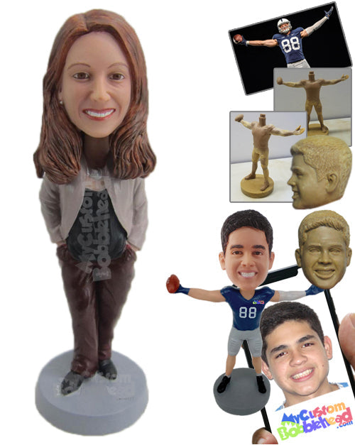 Lady Wearing a Jacket over Her Top with Silky Pants and Shoes Personalized Bobblehead