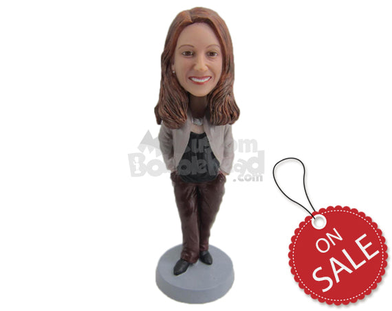 Custom Bobblehead Lady Wearing A Jacket Over Her Top With Silky Pants And Shoes - Leisure & Casual Casual Females Personalized Bobblehead & Cake Topper