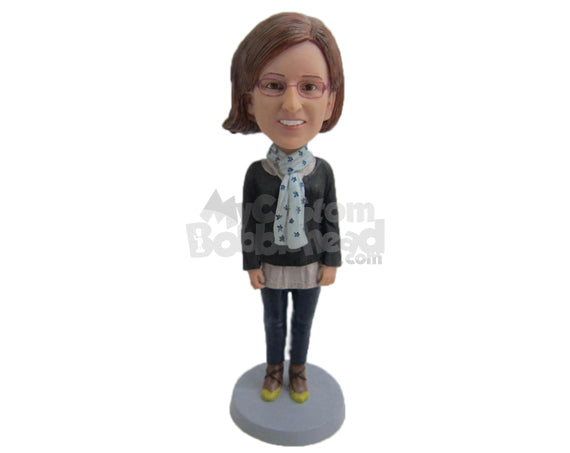 Custom Bobblehead Girl Feeling The Cold Wearing A Long-Sleeved Shirt And Tight Jeans With A Scarf Around Her Neck - Leisure & Casual Casual Females Personalized Bobblehead & Cake Topper