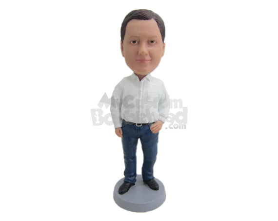 Custom Bobblehead Trendy Man Giving A Real Look Wearing A Long-Sleeved Shirt And Jeans With Belt And Casual Shoes On - Leisure & Casual Casual Males Personalized Bobblehead & Cake Topper