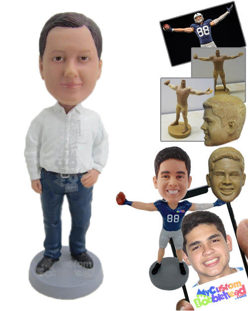 Trendy Man in Long-Sleeved Shirt, Jeans, and Casual Shoes Personalized Bobblehead