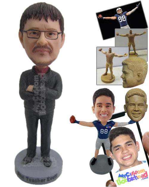 Smart Man Wearing Long-Sleeved Shirt with Casual Pants and Shoes On Personalized Bobblehead