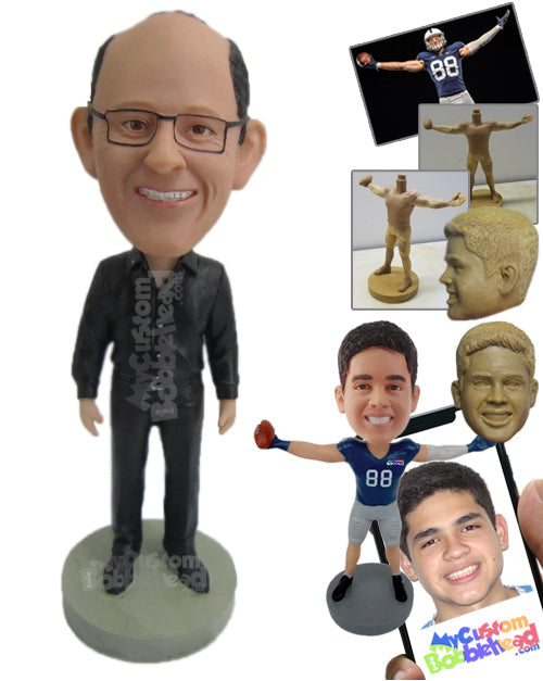 Handsome Dude Looks Happy Wearing Long-Sleeved Shirt and Casual Pant with Shoes Personalized Bobblehead