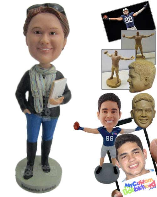 Lady Wearing a Long-Sleeved T-Shirt and Jeans with Long Boots and a Scarf Covering Her Neck Personalized Bobblehead