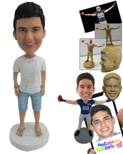 Handsome Guy Wearing a T-shirt and Jeans with His Sandals On Personalized Bobblehead