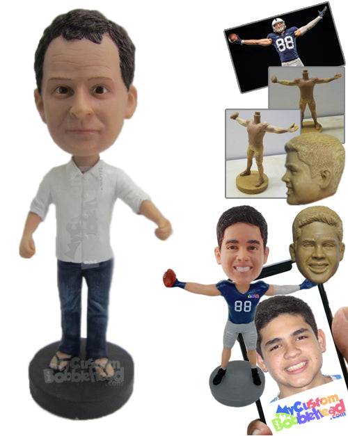 Sporty Man Wearing a Rolled-Up Sleeved Shirt with Casual Pants and Sandals Personalized Bobblehead