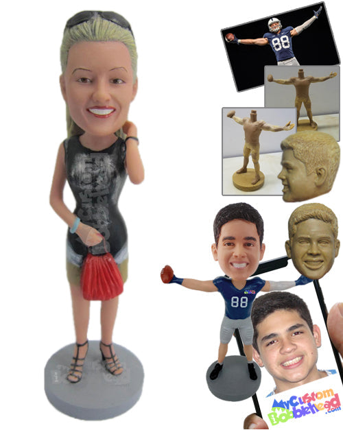 Lady Wearing a Short-Sleeved Dress and a Skirt with Fashionable Footwear Personalized Bobblehead