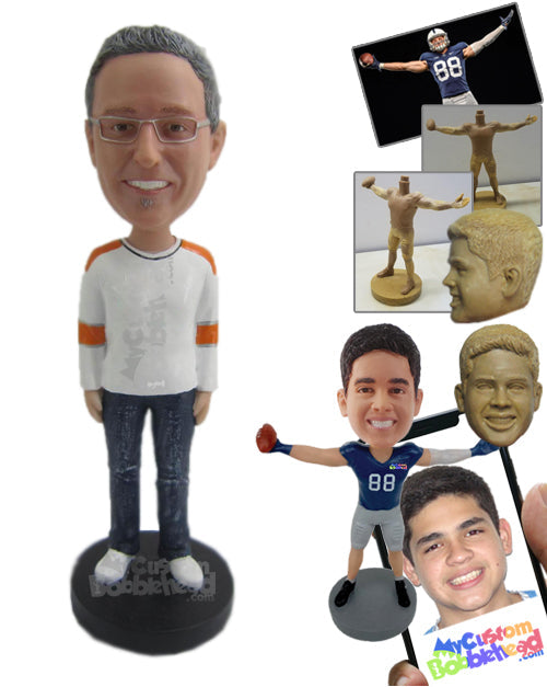 Casual Male Wearing A Long-Sleeved T-Shirt and Blue Jeans with Trendy Sneakers Personalized Bobblehead