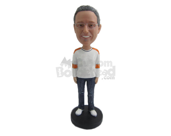 Casual Male Wearing A Long-Sleeved T-Shirt and Blue Jeans with Trendy Sneakers Personalized Bobblehead