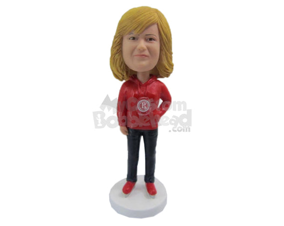 Custom Bobblehead Good Looking Lady Wearing A Sweatshirt And Jeans With Casual Shoes On - Leisure & Casual Casual Females Personalized Bobblehead & Cake Topper