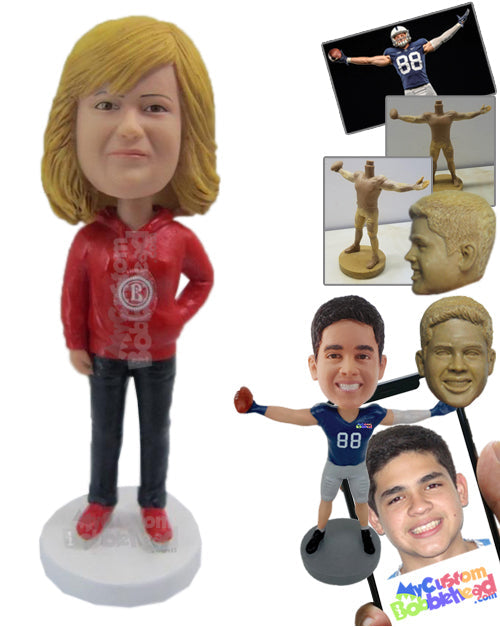 Good Looking Lady Wearing a Sweatshirt and Jeans with Casual Shoes On Personalized Bobblehead