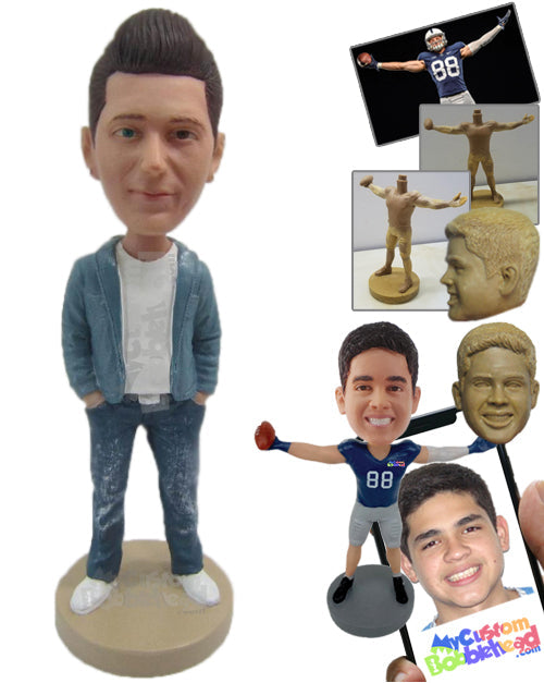 Handsome Guy Wearing a Jacket, Jeans and Sneakers Posing with Both Hands in the Pockets Personalized Bobblehead