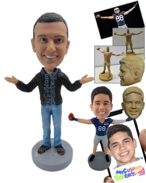 Dude Wearing a Jacket and Jeans with Trendy Sneakers Personalized Bobblehead