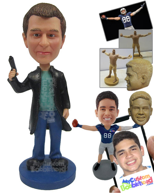 Good Looking Handsome Man in Long Jacket with a Gun in Hand Personalized Bobblehead