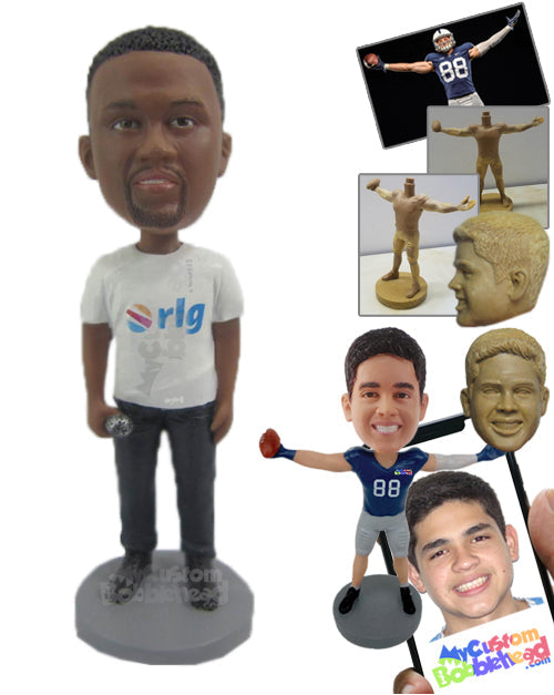 Guy Wearing a T-shirt and Jeans with Boots Looking Handsome Personalized Bobblehead